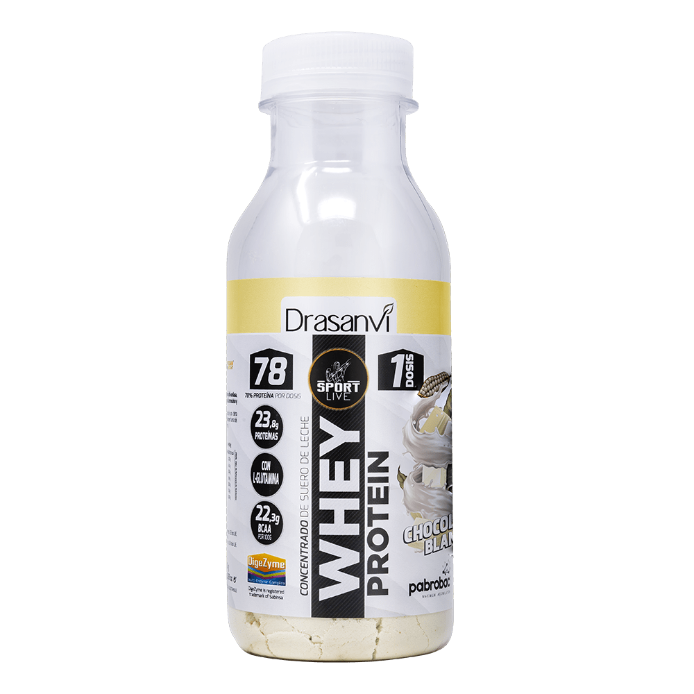 Botella monodosis Whey protein concentrado Chocolate Blanco 30g